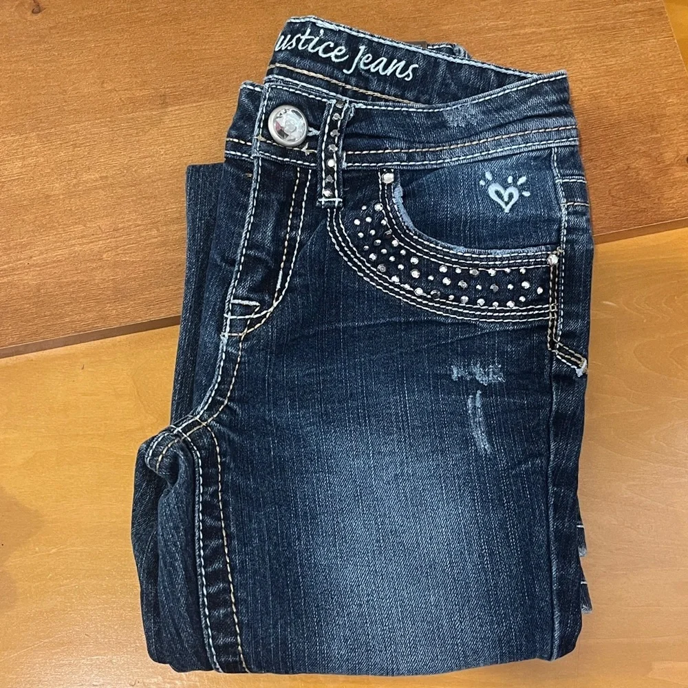 Justice Simply Low Distressed Flare Jeans Studded Pockets, Size 8 R Girls